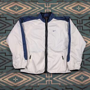 Vintage Y2K Nike Men's Track Jacket Medium/Large White Blue Windbreaker Full Zip